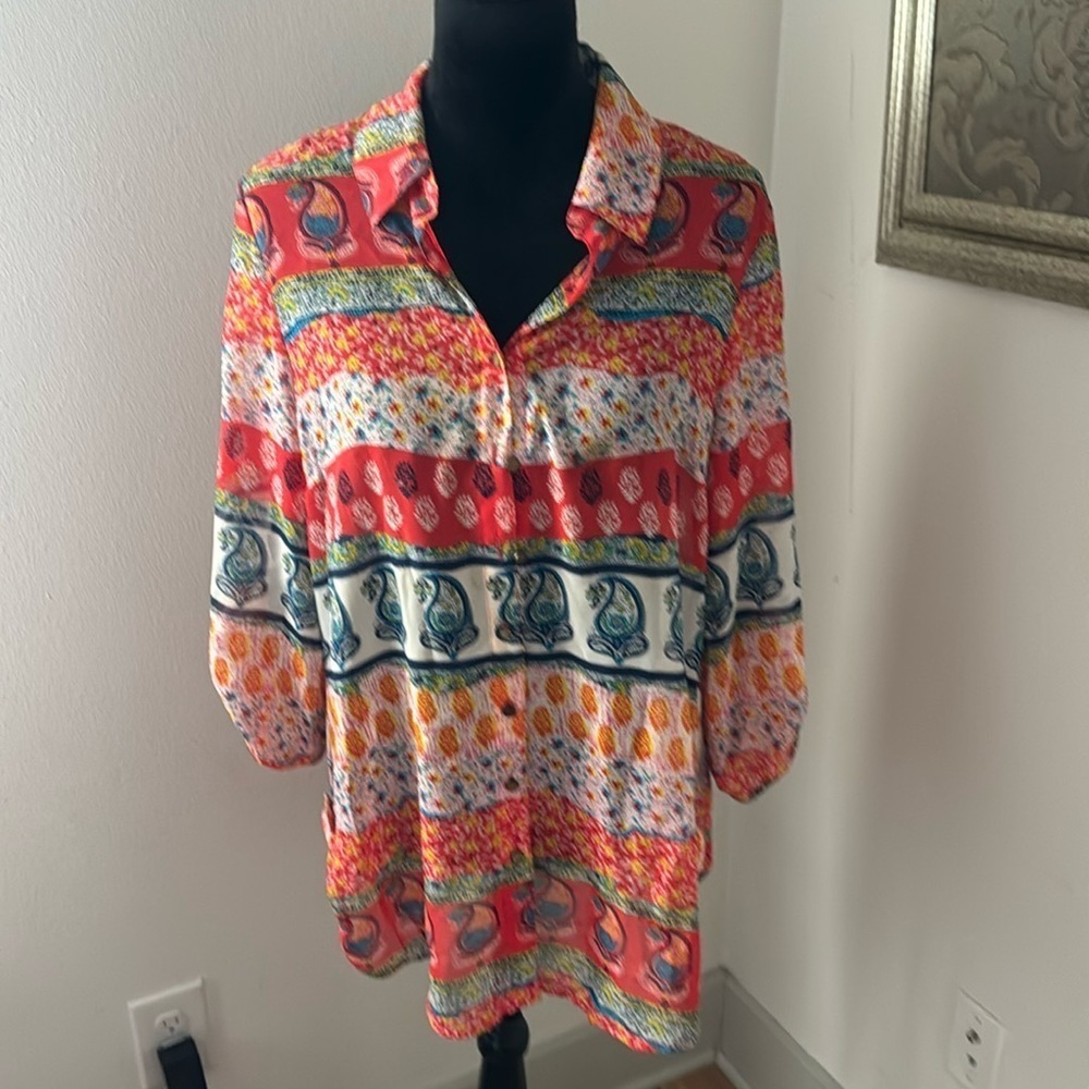 Glance colorful women’s lightweight buttoned‎ down top blouse tunic Sz L